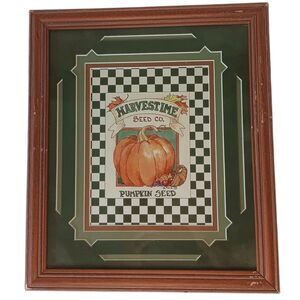 VTG Barbara Mock Pumpkin Print Matted  Framed Green Orange Black & White Checks
